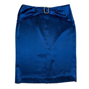 Bebe Satin Blue Pencil Skirt With Rhinestone Buckle Size 10 Sexy Stretch Pinup